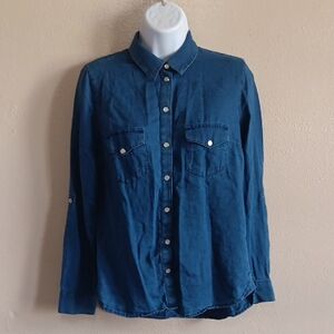 Kut from the Kloth Indigo Button Down Shirt, Womens XS, Pearl Snap Denim